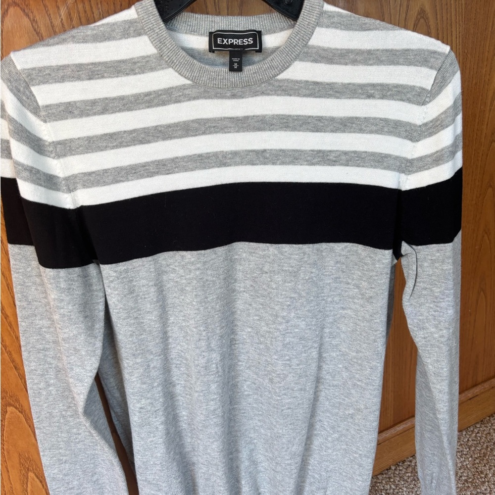 Express Men's Striped Crewneck Sweater in Gray and Black